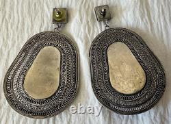 Vintage Ethnic Pair Silver & Onyx Earrings Filigree Large Size