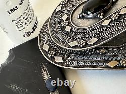 Vintage Ethnic Pair Silver & Onyx Earrings Filigree Large Size