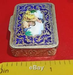 Vintage Gilt Silver Small Colorful Enamel Pill Box With Young Couple's Portrait