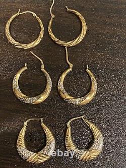 Vintage Gold & Sterling Silver Puffy Hoop Earrings 4.7 Grams-1/20 14K-3 Pairs