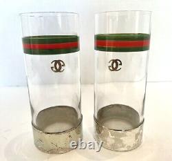 Vintage Gucci HighBall Glasses Silver Plate Pair GG Barware As-Is