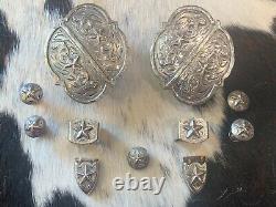 Vintage HEAVY Sterling Silver Plate HUGE Buckle Set tips, Keepers, Conchos, Star