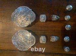 Vintage HEAVY Sterling Silver Plate HUGE Buckle Set tips, Keepers, Conchos, Star