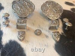 Vintage HEAVY Sterling Silver Plate HUGE Buckle Set tips, Keepers, Conchos, Star