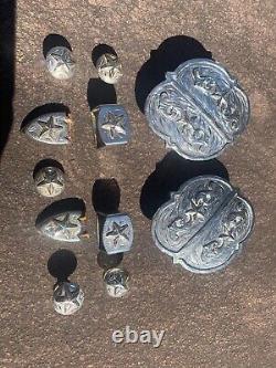 Vintage HEAVY Sterling Silver Plate HUGE Buckle Set tips, Keepers, Conchos, Star