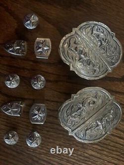 Vintage HEAVY Sterling Silver Plate HUGE Buckle Set tips, Keepers, Conchos, Star