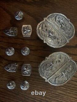 Vintage HEAVY Sterling Silver Plate HUGE Buckle Set tips, Keepers, Conchos, Star