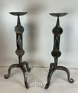 Vintage Hand Forged Iron Pair Of Heavy Candle Holders Brutalist Modern