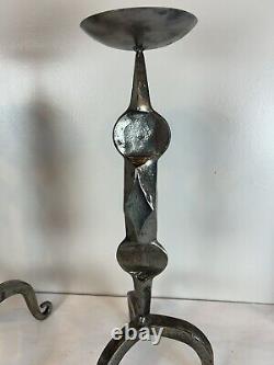 Vintage Hand Forged Iron Pair Of Heavy Candle Holders Brutalist Modern