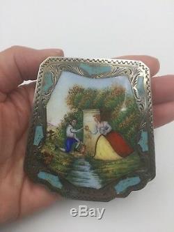 Vintage Italian 800 Silver Enamel Compact with Scene of Couple Courting