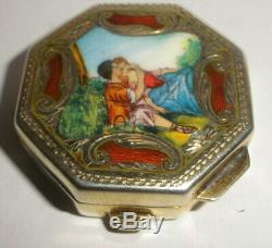 Vintage Italian 800 silver snuff pill box enamel guilloche love couple gold wash