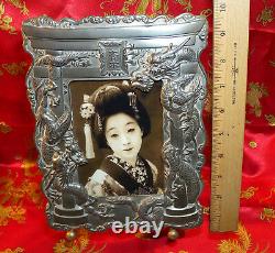 Vintage Japanese Picture Frame Pair Silver Plate Dragons Torii Arch Dai Nippon