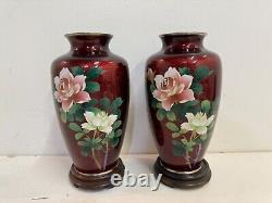 Vintage Japanese Silver Mounted Red Cloisonne Pair of Vases with Flower Decoration