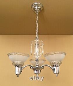 Vintage Lighting PAIR 1930s chrome crystal chandeliers