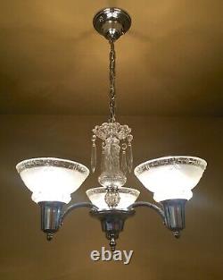 Vintage Lighting PAIR 1930s chrome crystal chandeliers