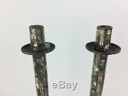 Vintage Los Castillo Mexican Silver Plate Mosaic Shell Tall Candlestick Pair MCM