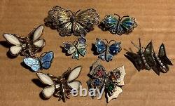 Vintage Lot Of 8 Butterfly Scatter Pins + Pair Earrings Silver Costume Taxco