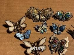 Vintage Lot Of 8 Butterfly Scatter Pins + Pair Earrings Silver Costume Taxco