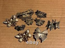 Vintage Lot Of 8 Butterfly Scatter Pins + Pair Earrings Silver Costume Taxco