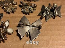 Vintage Lot Of 8 Butterfly Scatter Pins + Pair Earrings Silver Costume Taxco