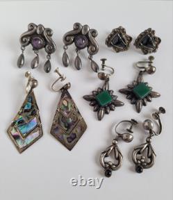 Vintage Lot of 5 Pair Taxco Mexico Sterling Silver Screw Back Earrings Abalone
