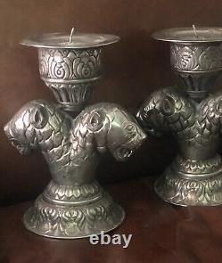 Vintage MCM Mid Century Candle Holders Pair Set Silver Unique Lions Head 9.25