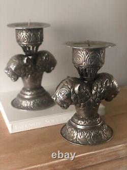 Vintage MCM Mid Century Candle Holders Pair Set Silver Unique Lions Head 9.25