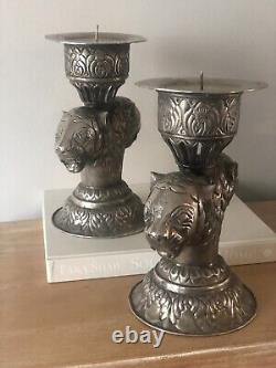 Vintage MCM Mid Century Candle Holders Pair Set Silver Unique Lions Head 9.25