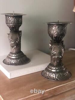 Vintage MCM Mid Century Candle Holders Pair Set Silver Unique Lions Head 9.25