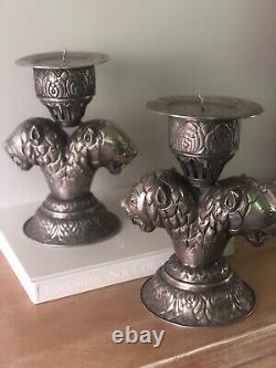 Vintage MCM Mid Century Candle Holders Pair Set Silver Unique Lions Head 9.25