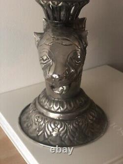 Vintage MCM Mid Century Candle Holders Pair Set Silver Unique Lions Head 9.25