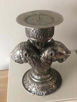 Vintage MCM Mid Century Candle Holders Pair Set Silver Unique Lions Head 9.25