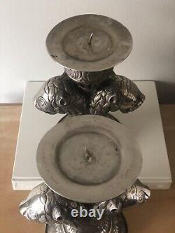 Vintage MCM Mid Century Candle Holders Pair Set Silver Unique Lions Head 9.25