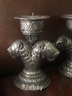 Vintage MCM Mid Century Candle Holders Pair Set Silver Unique Lions Head 9.25