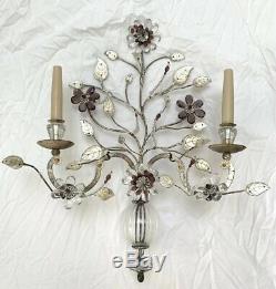 Vintage Maison Bagues PAIR Crystal Silver Gilt Iron Urn Wall Sconces Flower