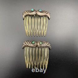 Vintage Mexico Bird Turquoise Silver Hair Ornament Comb Pair