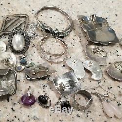 Vintage Mexico Sterling Silver 9 Pairs Jade Earrings 5 Rings 2 Necklace Lot