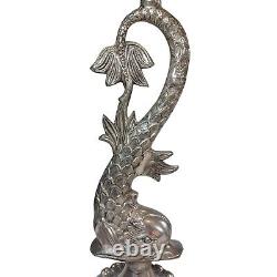 Vintage Mid Century Dolphin Koi Silver Plated Repousse Candlestick Candle Holder
