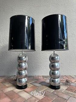 Vintage Mid Century Modern Chrome Stacked Ball Table Lamp Pair Kovacs 70's