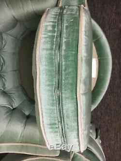 Vintage Mid Century Modern MCM Silver Craft Green Velvet Chairs Pair