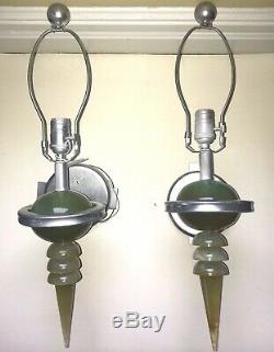 Vintage Mid Century Modern Pair Wall Sconces Lamps Jade Color Lucite