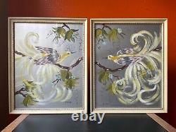 Vintage Mid Century Modern Tropical Bird Painting Silver Florida art floral pair
