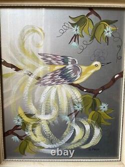 Vintage Mid Century Modern Tropical Bird Painting Silver Florida art floral pair