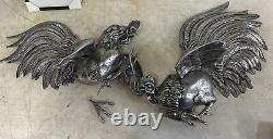 Vintage Mid Century Pair of Decorative Silver Plated Fighting Roosters Cocks USA
