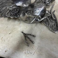 Vintage Mid Century Pair of Decorative Silver Plated Fighting Roosters Cocks USA