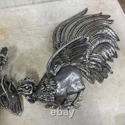 Vintage Mid Century Pair of Decorative Silver Plated Fighting Roosters Cocks USA