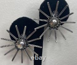 Vintage Modernist Gustav Hauber 835 Silver Sunburst Starburst Clip Earrings MCM