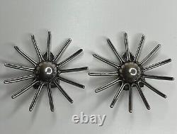 Vintage Modernist Gustav Hauber 835 Silver Sunburst Starburst Clip Earrings MCM