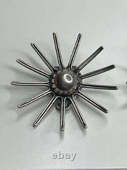 Vintage Modernist Gustav Hauber 835 Silver Sunburst Starburst Clip Earrings MCM