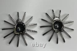 Vintage Modernist Gustav Hauber 835 Silver Sunburst Starburst Clip Earrings MCM